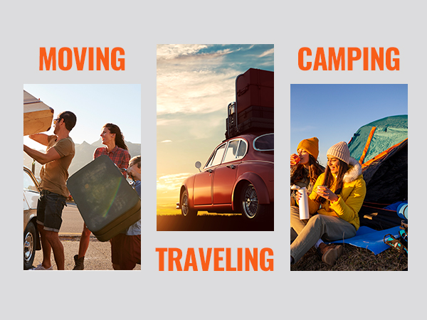 moving: outdoor loading luggage; traveling: classic car with VEVOR roof rack; camping: two people by a tent.