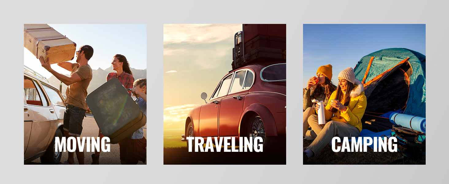 moving: outdoor loading luggage; traveling: classic car with VEVOR roof rack; camping: two people by a tent.