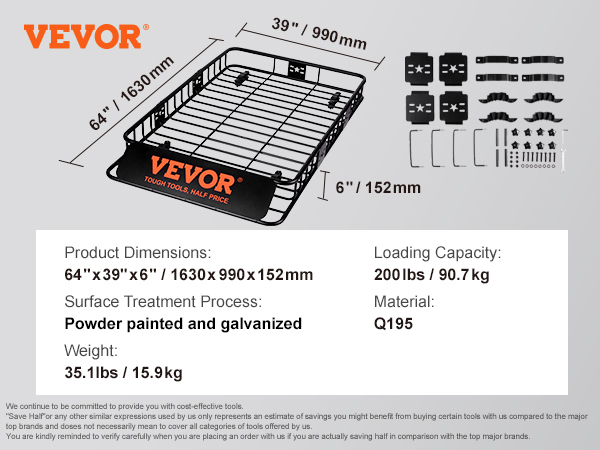 VEVOR roof rack cargo basket, 64"x39"x6", 200lbs capacity, black powder-coated steel.