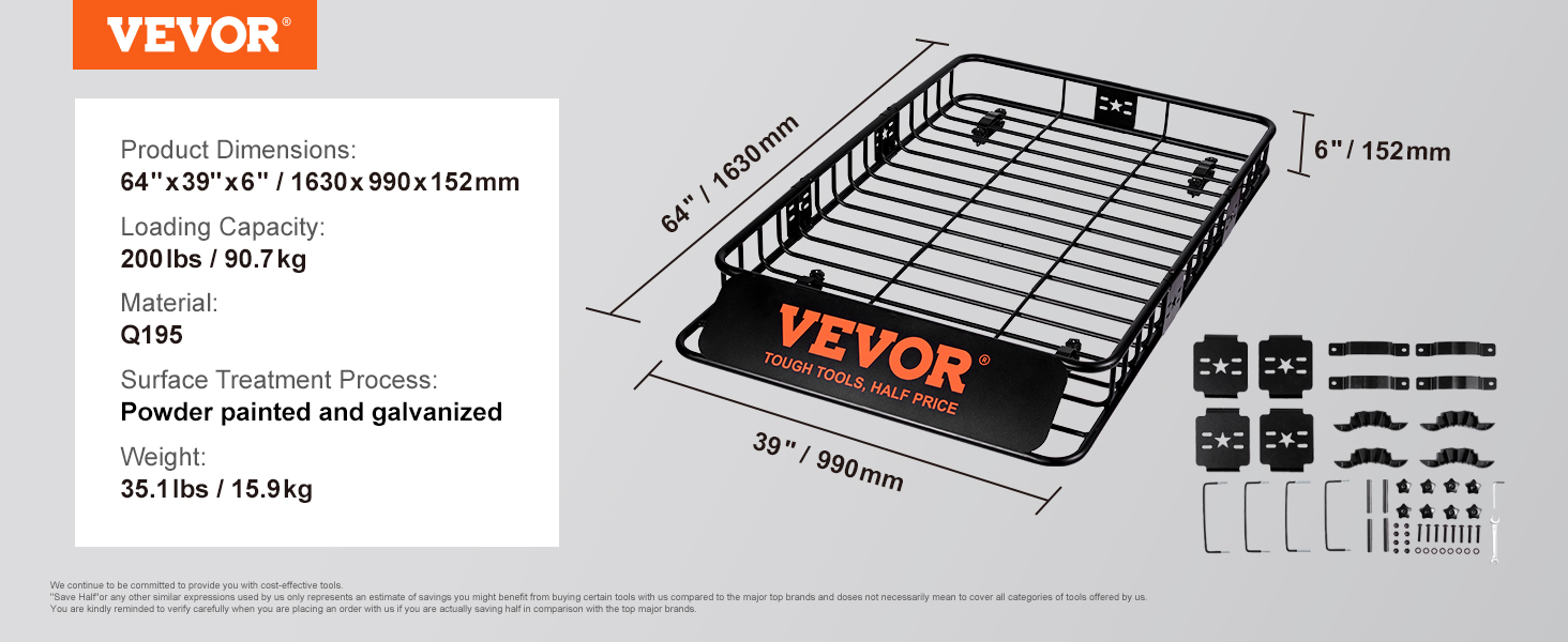VEVOR roof rack cargo basket, 64"x39"x6", 200lbs capacity, black powder-coated steel.