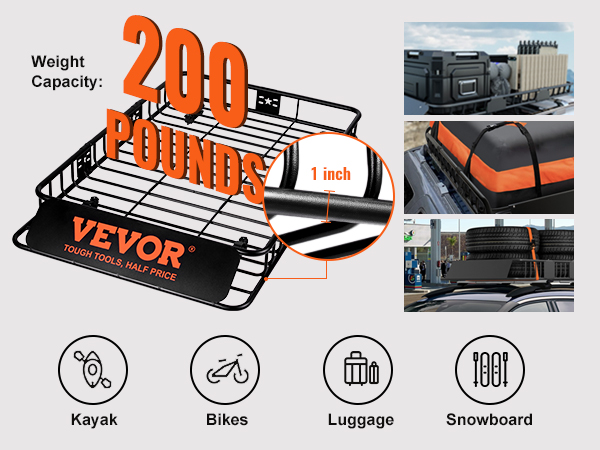 VEVOR jumta bagāžnieka kravas grozs var izturēt līdz 200 mārciņām (apmēram 90 kg), kas ir ideāli piemērots kajakiem, velosipēdiem, bagāžai un snovbordam.