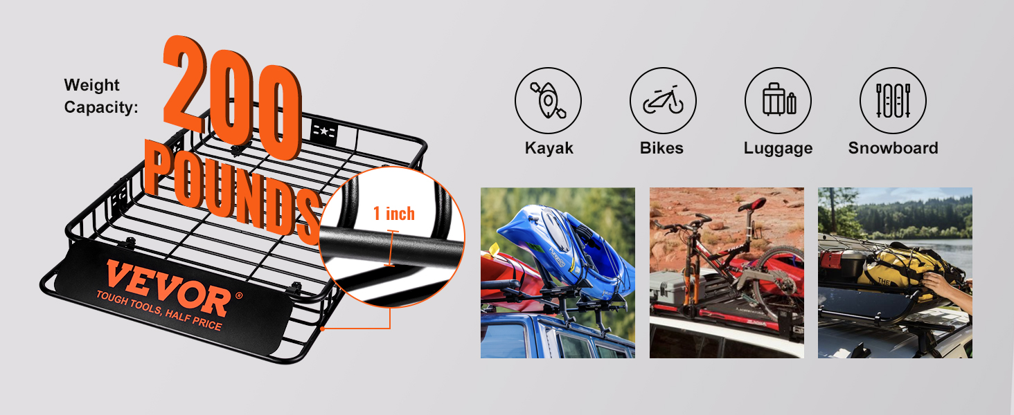 VEVOR jumta bagāžnieka kravas grozs var izturēt līdz 200 mārciņām (apmēram 90 kg), kas ir ideāli piemērots kajakiem, velosipēdiem, bagāžai un snovbordam.