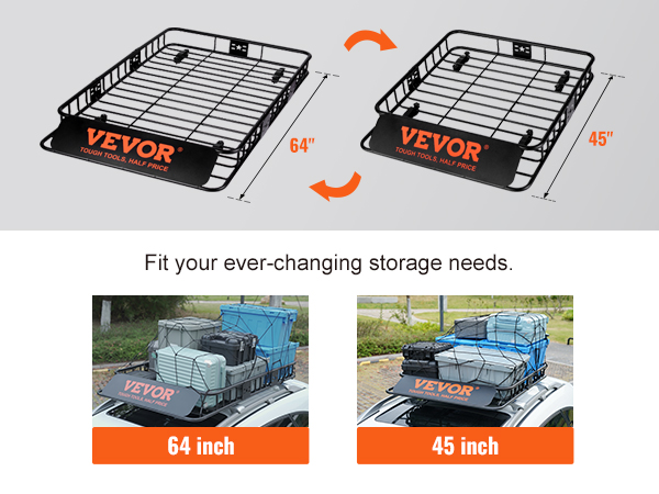VEVOR jumta bagāžnieka kravas grozs daudzpusīgai uzglabāšanai, kas uz automašīnas pieejams 45 collu un 64 collu konfigurācijās.