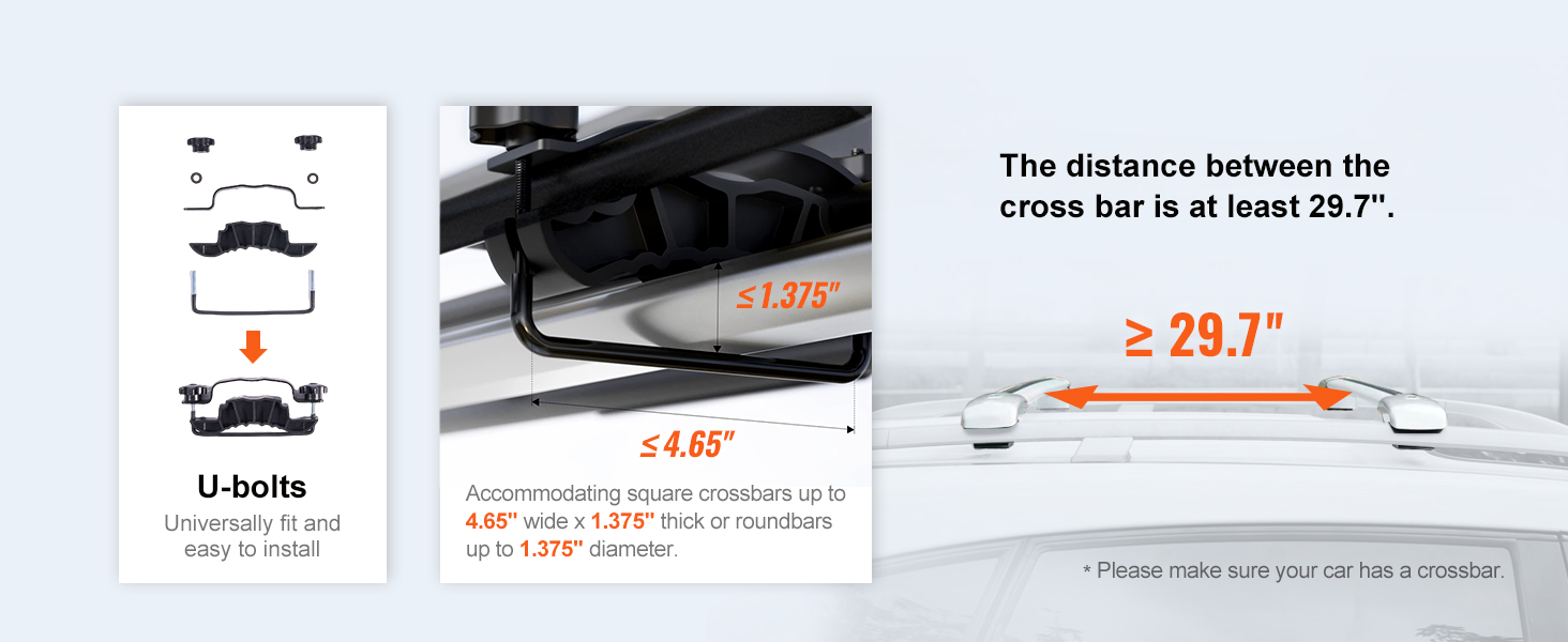 U-veida skrūves drošai nostiprināšanai; der šķērsstieņiem līdz 4,65 collu platumam, nepieciešams attālums starp stieņiem ≥ 29,7 collas. Uzstādiet VEVOR jumta bagāžnieka kravas grozu.