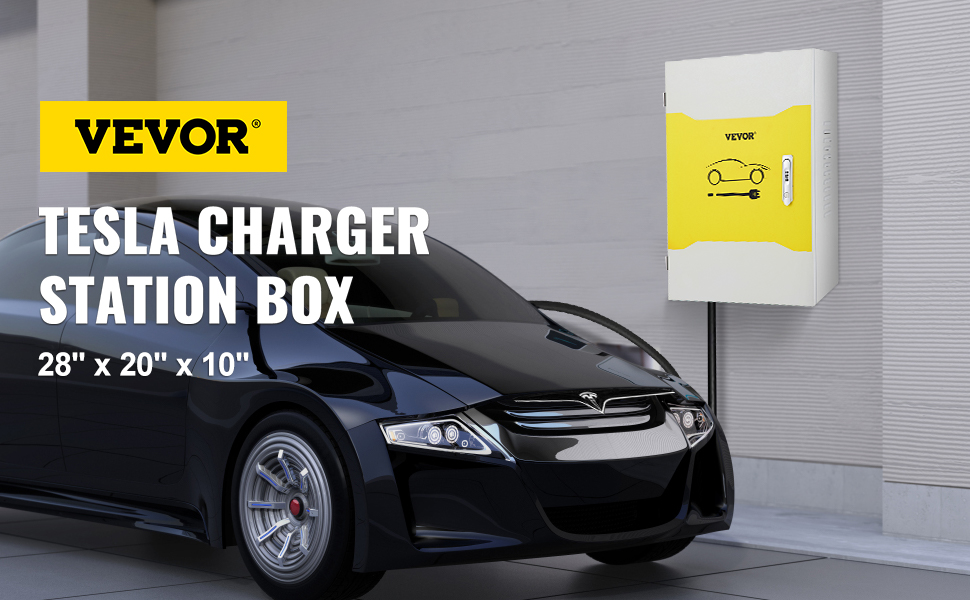 black tesla parked near a wall-mounted VEVOR tesla charger station box, highlighting its dimensions.