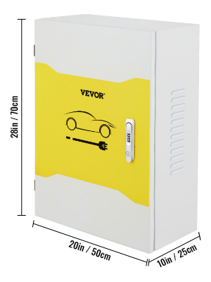 VEVOR tesla charger station box, dimensions: 28in x 20in x 10in, white with yellow front panel.