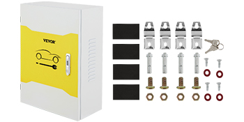 VEVOR tesla charger station box with mounting hardware and keys.