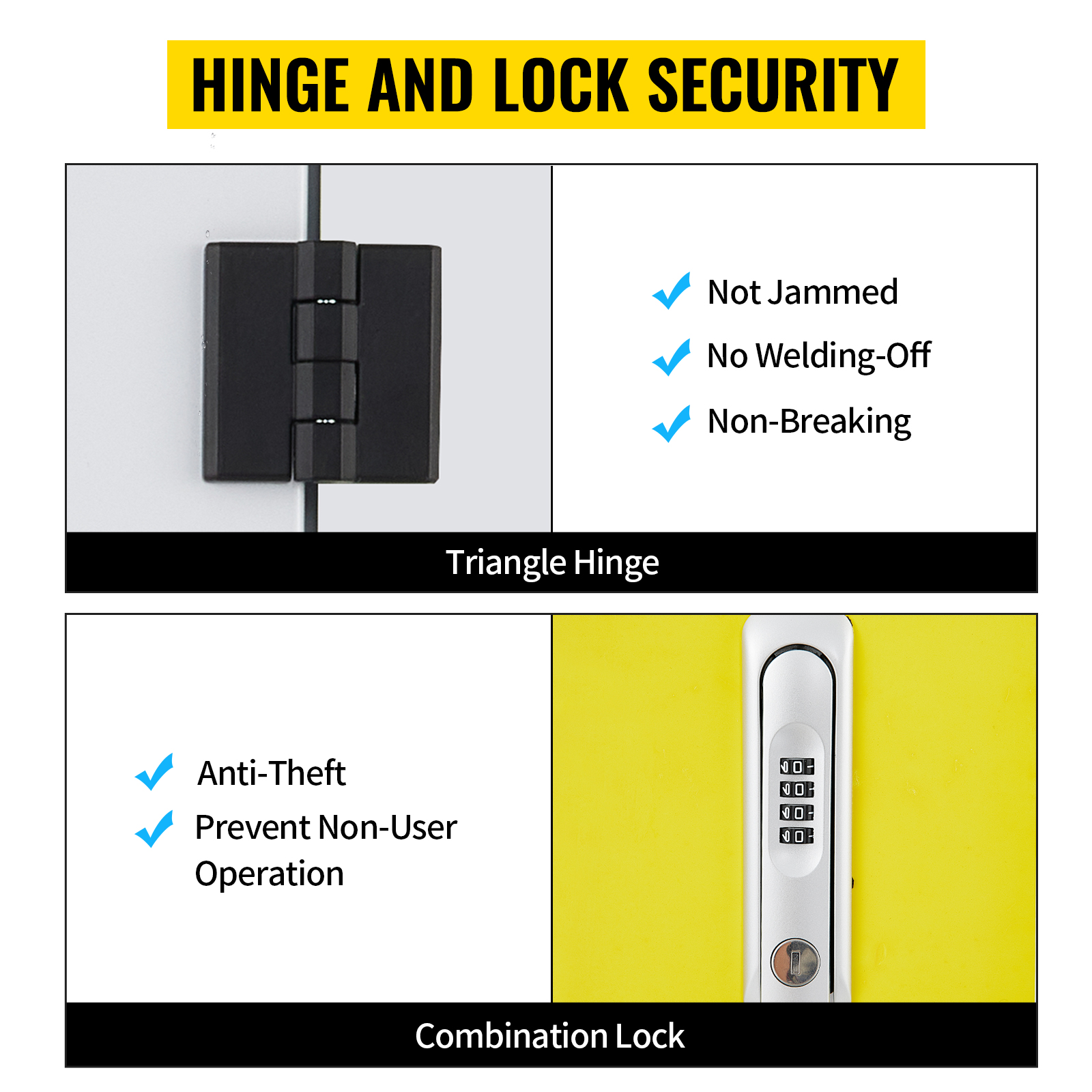 hinge security for VEVOR tesla charger station box with anti-theft combination lock and triangle hinge.