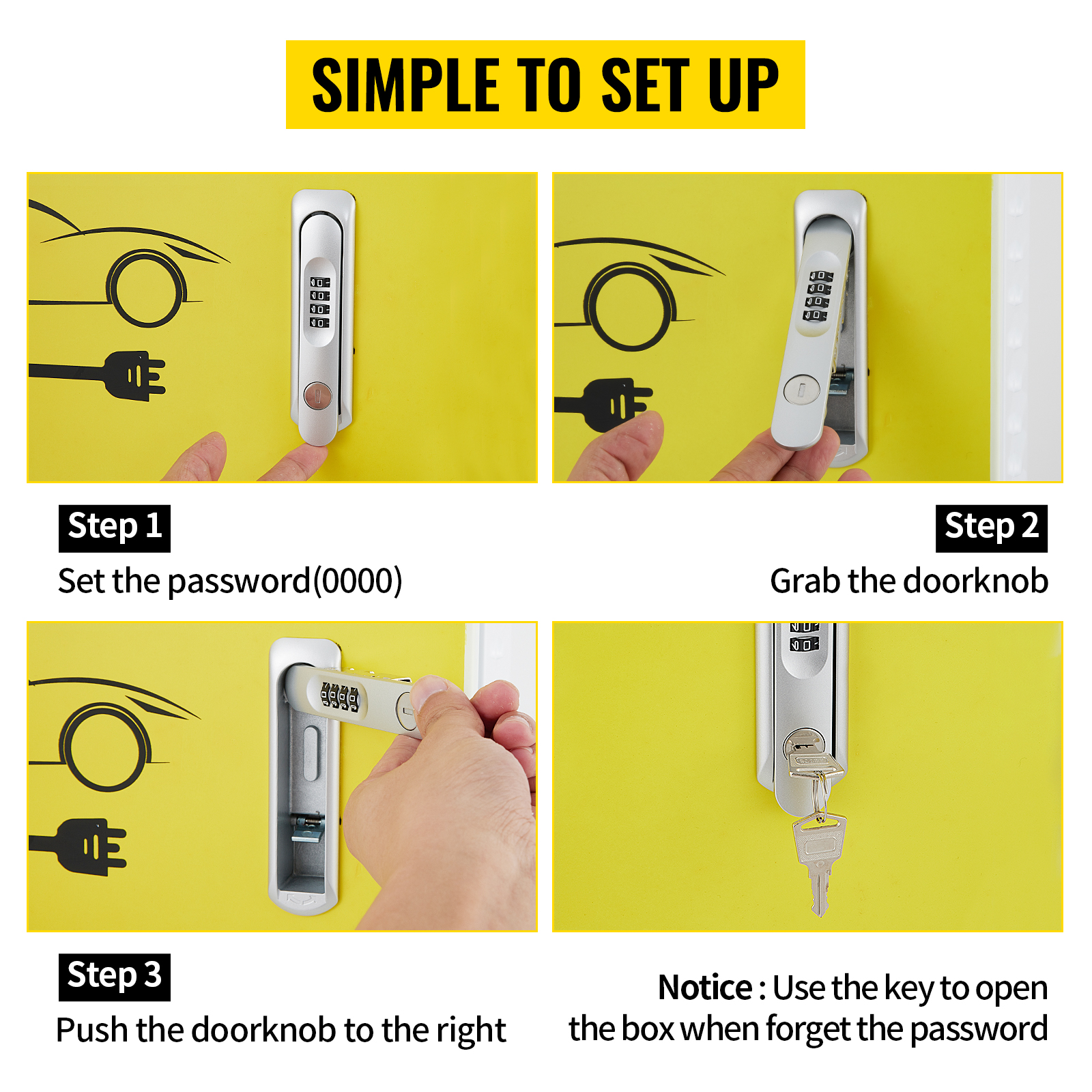 VEVOR tesla charger station box setup steps with a password keypad and key for emergency access.