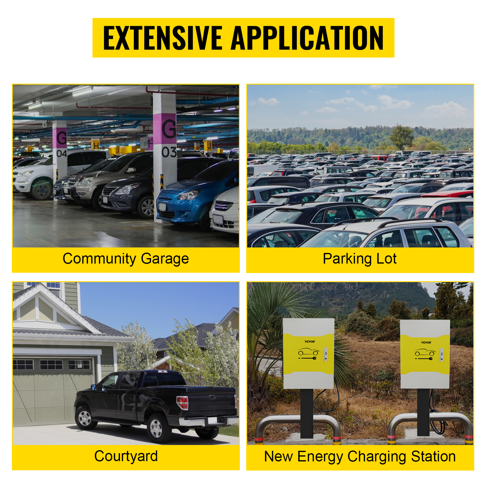 VEVOR tesla charger station box in community garage, parking lot, courtyard, and new energy charging station.