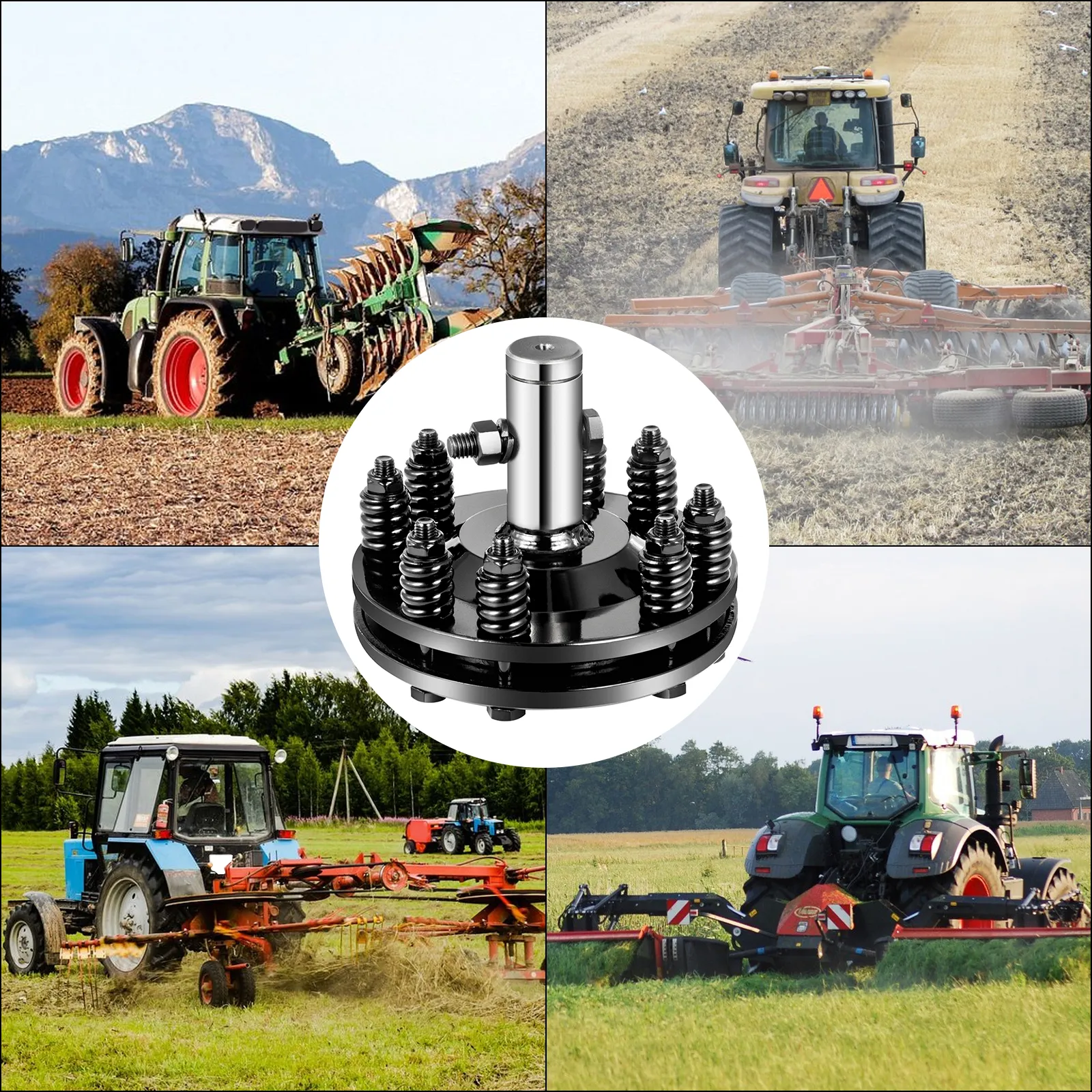 tractors in fields with a close-up of a VEVOR pto slip clutch in the center.