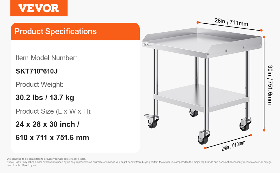 VEVOR stainless steel work table, dimensions 24x28x30 inches, model skt710*610j, weight 30.2 lbs.