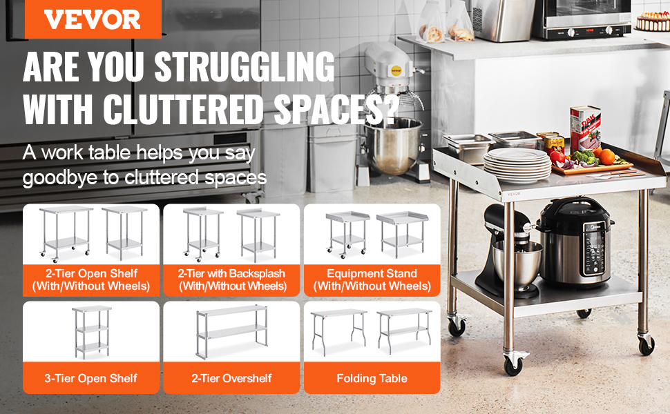 VEVOR stainless steel work table selection, various models displayed in a kitchen setting.