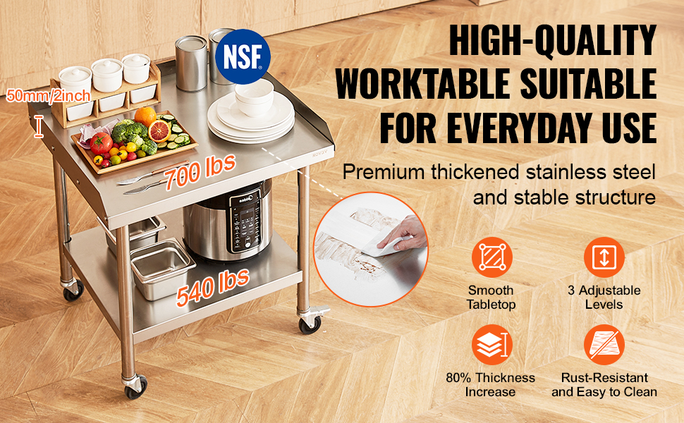 VEVOR stainless steel work table with adjustable levels, nsf certification, and 700 lbs capacity.