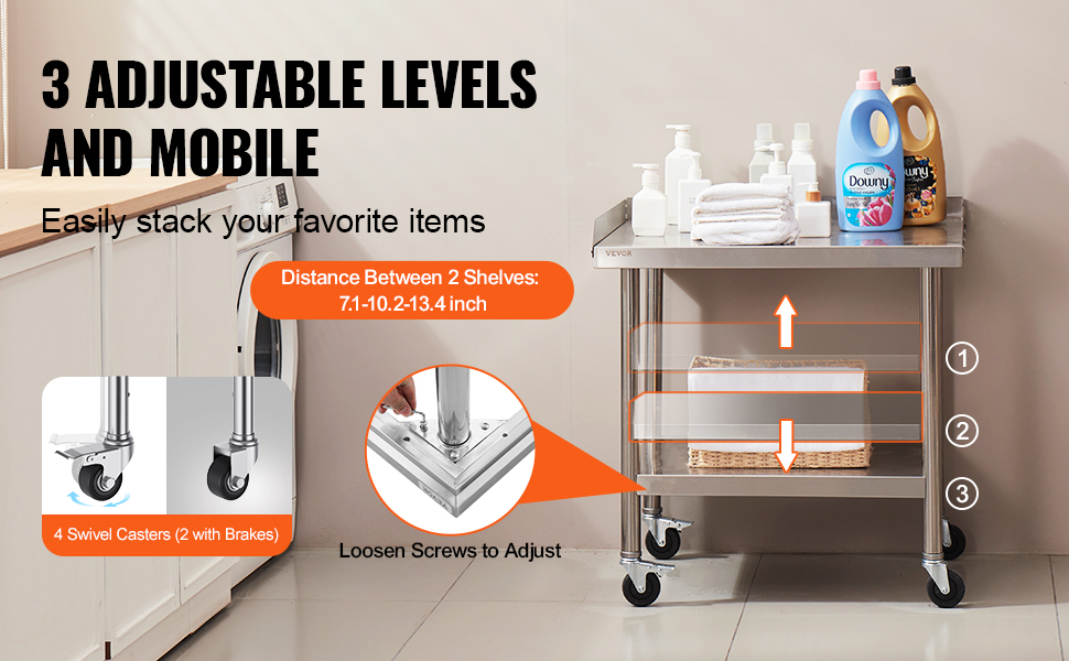 VEVOR stainless steel work table with 3 adjustable shelves, 4 swivel casters, and various household items.