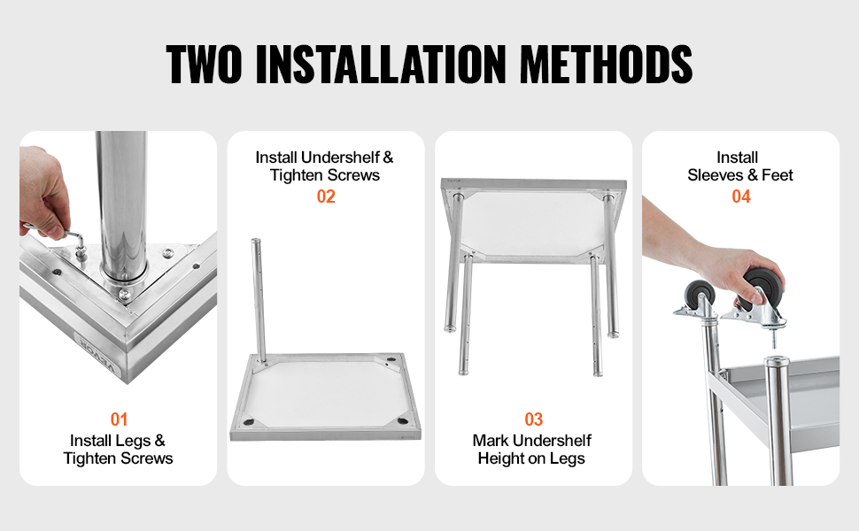 VEVOR stainless steel work table assembly steps: install legs, undershelf, mark height, and add feet.