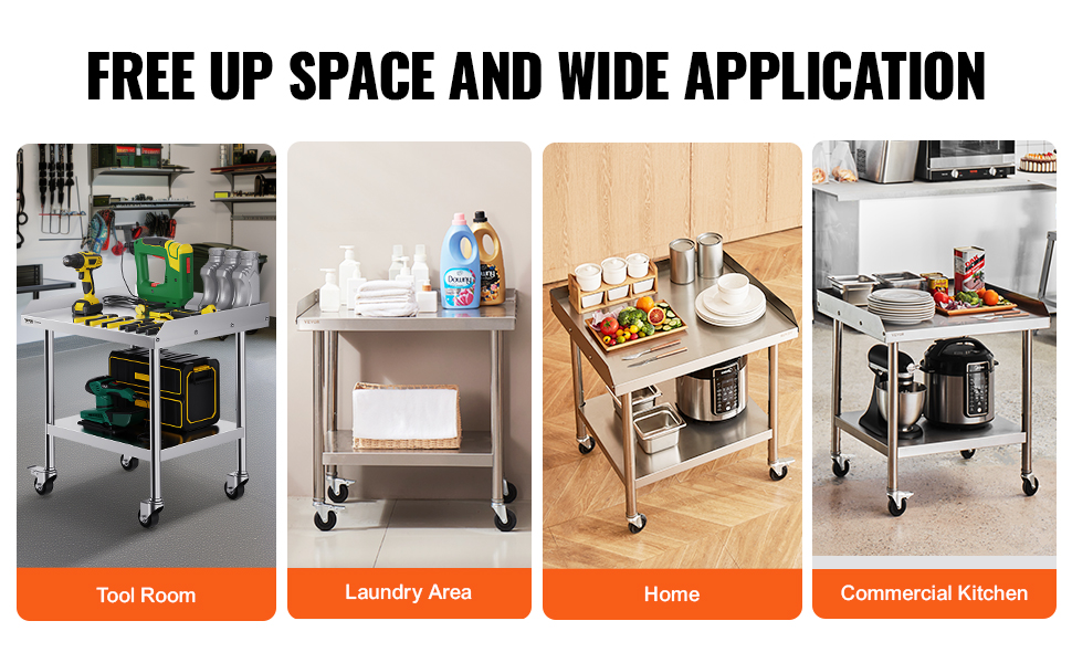 VEVOR stainless steel work table in tool room, laundry area, home, and commercial kitchen.