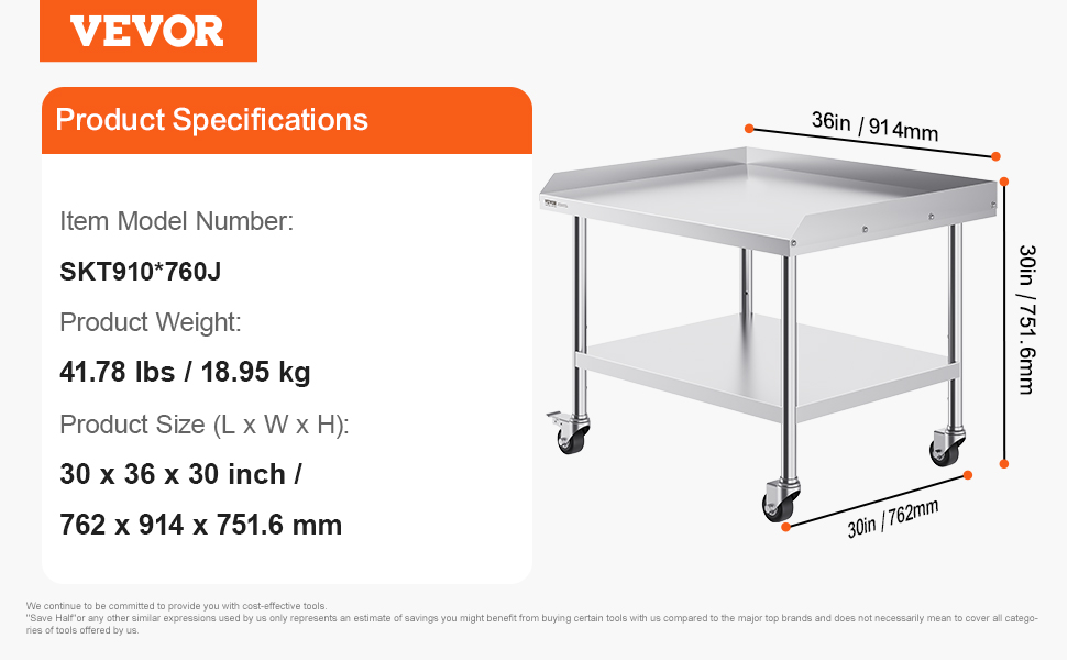 VEVOR stainless steel work table specifications, 30x36x30 inches, 41.78 lbs, model skt910*760j.
