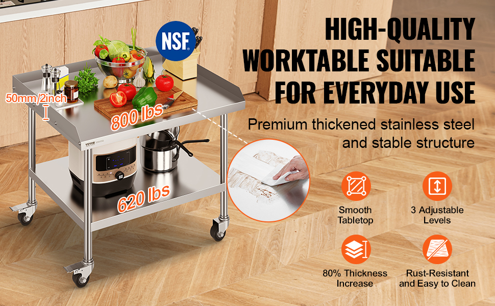 VEVOR stainless steel work table with smooth tabletop, rust-resistant, 3 adjustable levels, 800 lbs capacity.