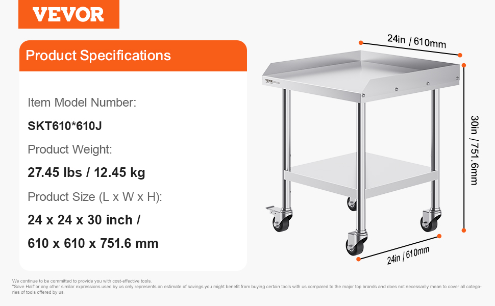 VEVOR stainless steel work table, model skt610*610j, 24x24x30 inch, 27.45 lbs, with casters.