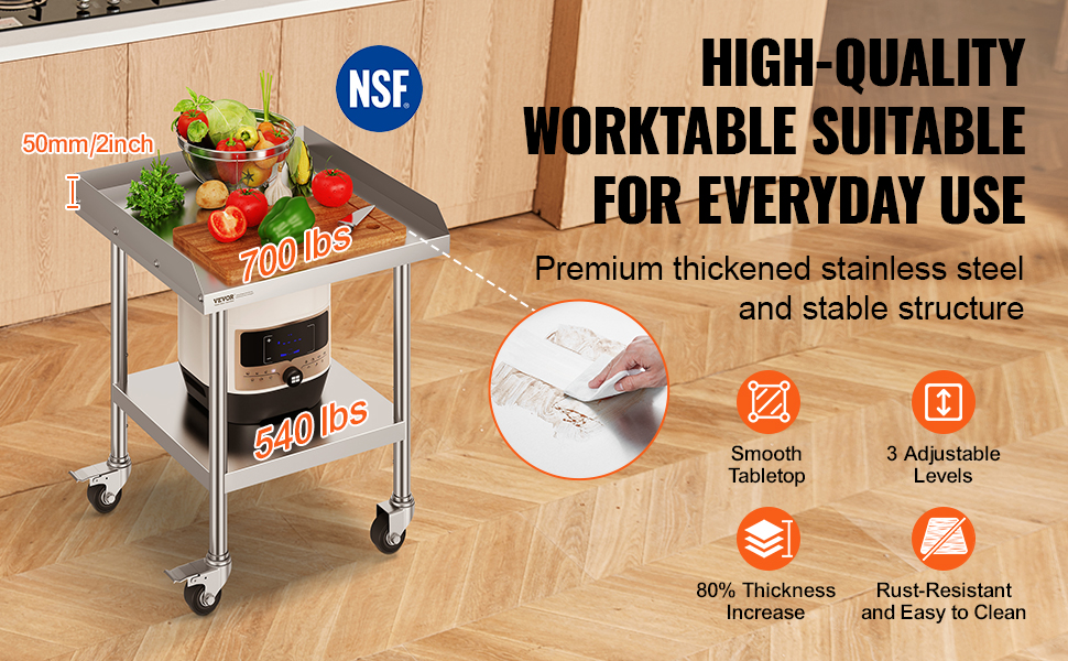 VEVOR stainless steel work table with smooth top, 3 adjustable levels, and 540 lbs lower shelf capacity.