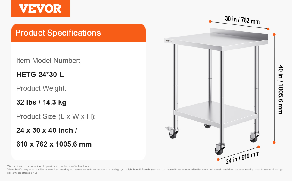 VEVOR stainless steel work table with wheels, model hetg-24*30-l, dimensions 24