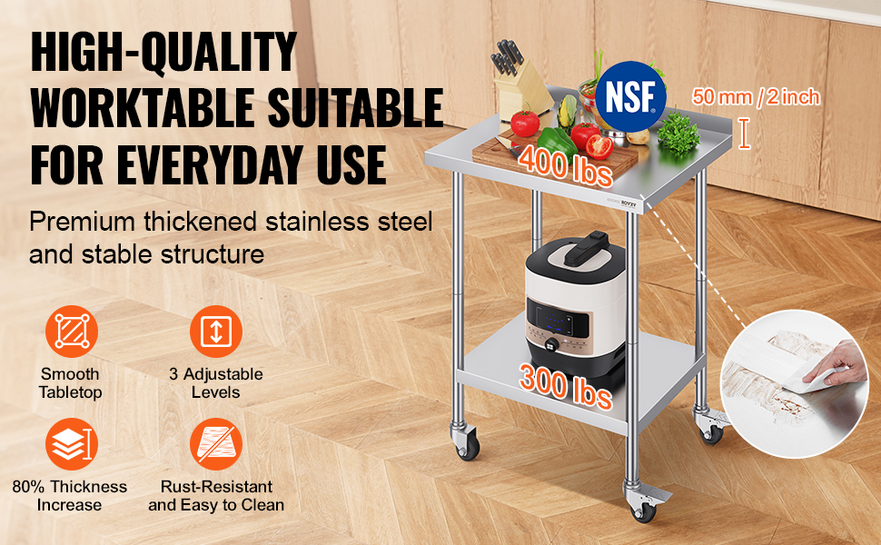VEVOR stainless steel work table with smooth tabletop, 2 tiers, nsf certified, adjustable levels, and casters.