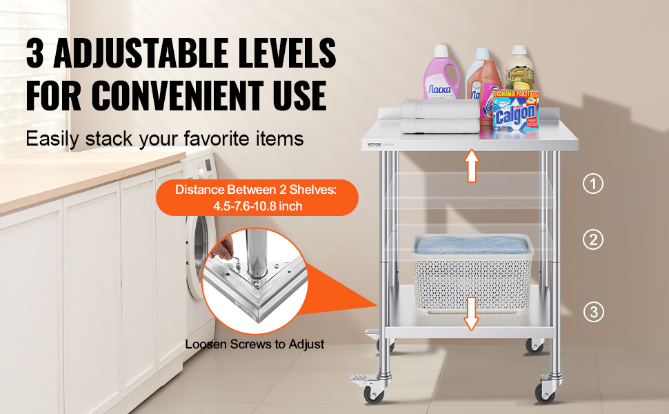 VEVOR stainless steel work table with adjustable shelves holding laundry items in a laundry room.
