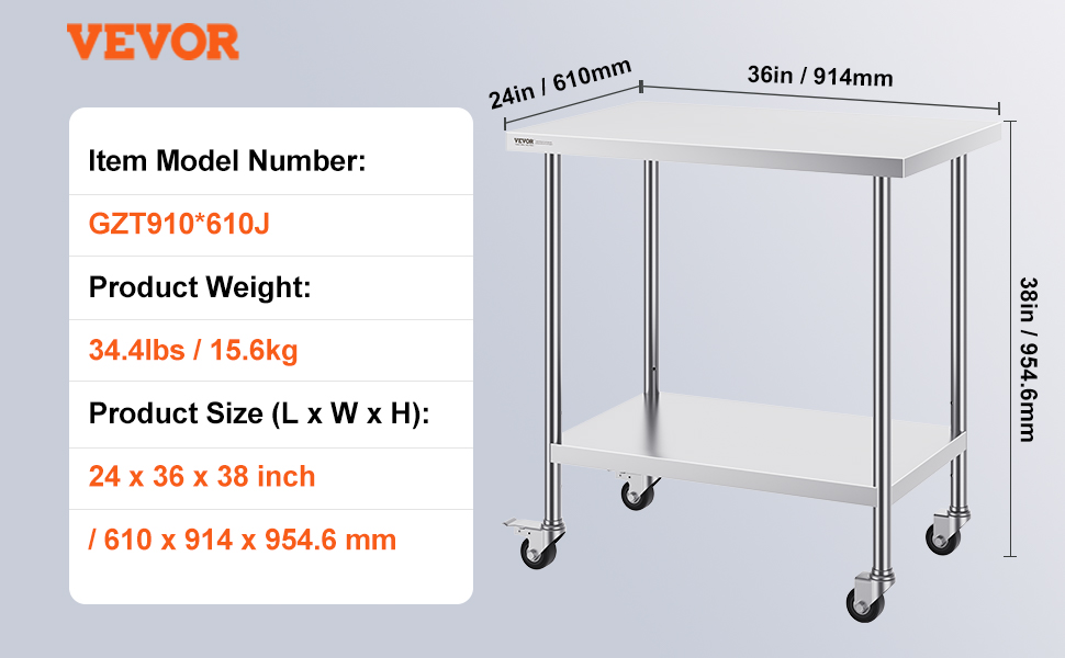 VEVOR stainless steel work table, 24x36x38 inches, 34.4 lbs, model gzt910*610j with caster wheels.