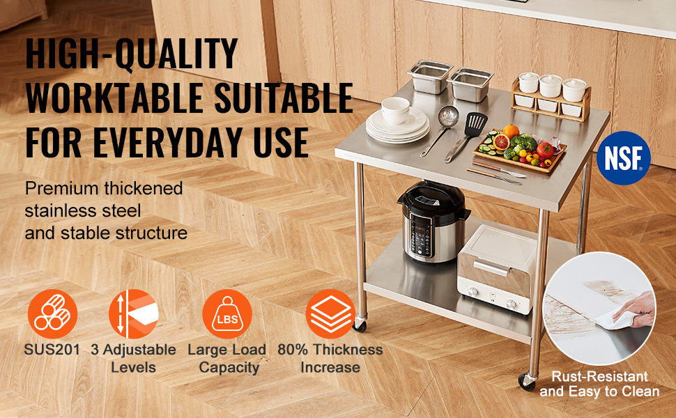 VEVOR stainless steel work table with adjustable levels, large load capacity, and rust-resistant surface.