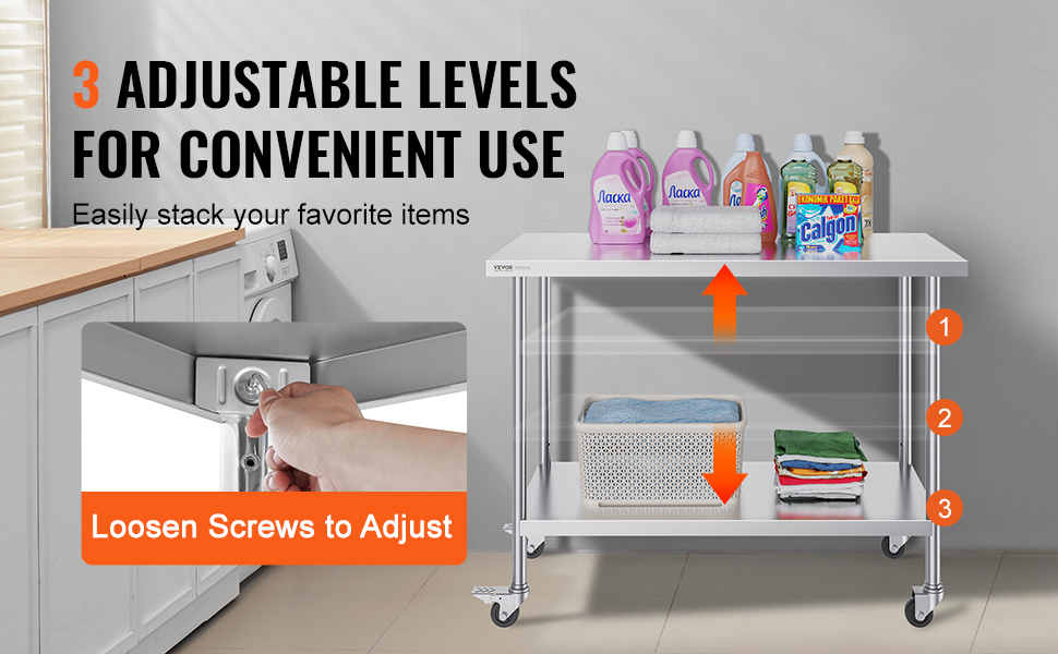 VEVOR stainless steel work table with 3 adjustable levels for laundry supplies in a modern laundry room.