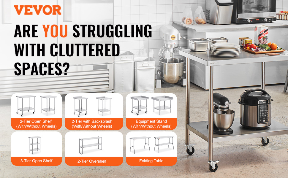 VEVOR stainless steel work table in a kitchen with various shelf and table options displayed.