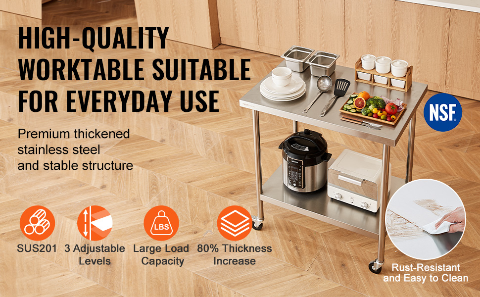 VEVOR stainless steel work table with utensils, appliances, and food items; features include rust-resistance.
