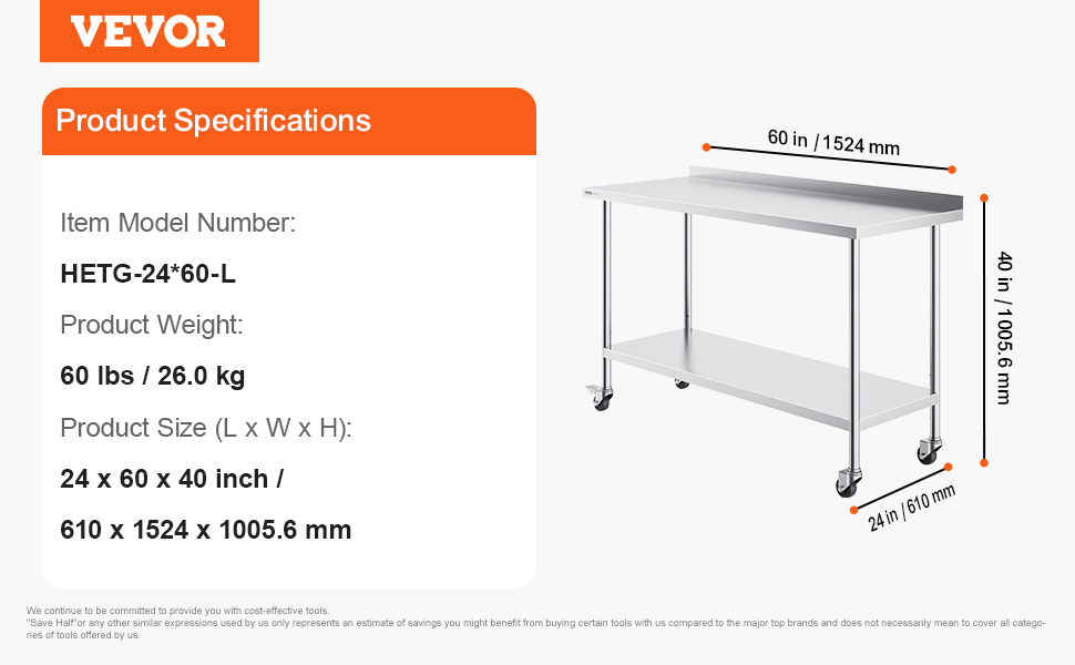 VEVOR stainless steel work table, model hetg-24*60-l, 24 x 60 x 40 inch, 60 lbs, with lower shelf and wheels.