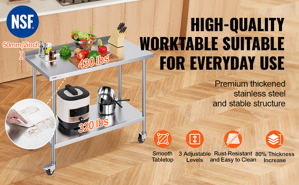 nsf certified VEVOR stainless steel work table with adjustable levels, smooth tabletop, and sturdy structure.