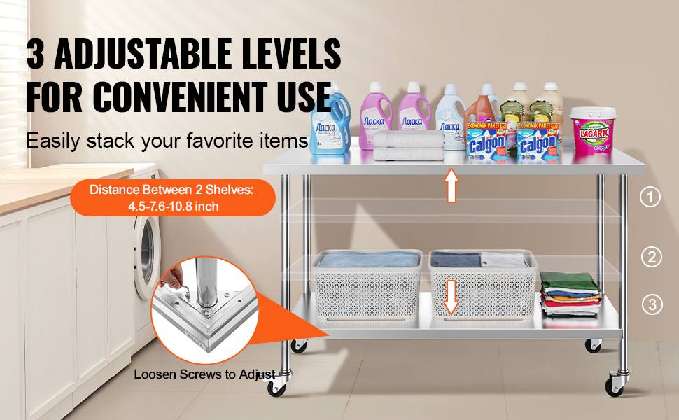 VEVOR stainless steel work table with adjustable shelves, cleaning products, and organized baskets.