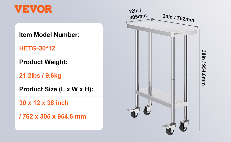 VEVOR stainless steel work table with dimensions 30