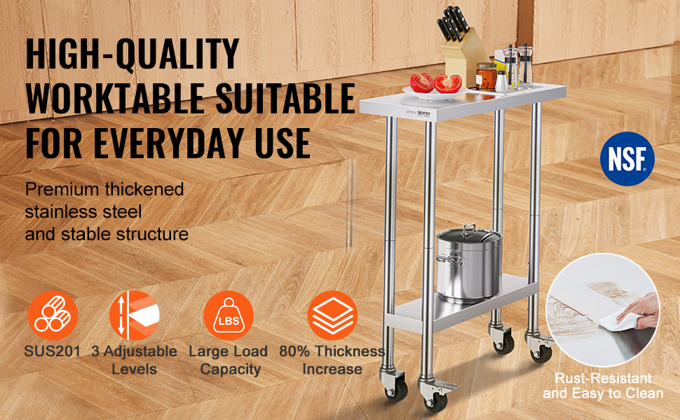 VEVOR stainless steel work table showcasing 3 adjustable levels, large load capacity, and rust resistance.