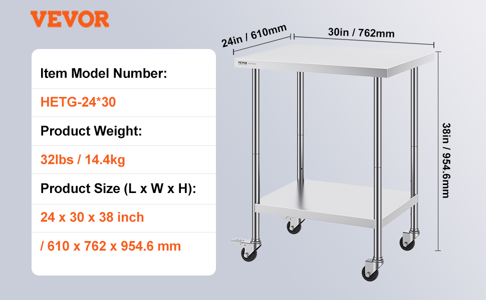 VEVOR stainless steel work table with model hetg-24*30, 24x30x38 inches, 32 lbs, on wheels.