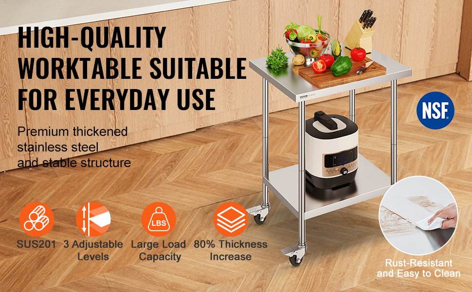 high-quality VEVOR stainless steel work table with adjustable shelves, nsf certified, ideal for daily use.