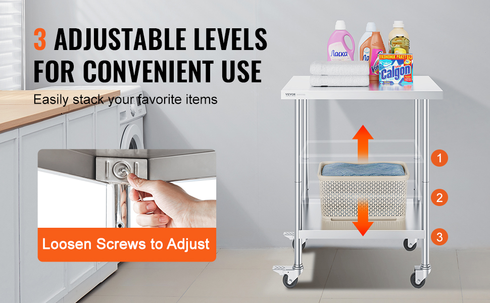 VEVOR stainless steel work table with 3 adjustable levels, stacked with laundry items, in a modern laundry room.