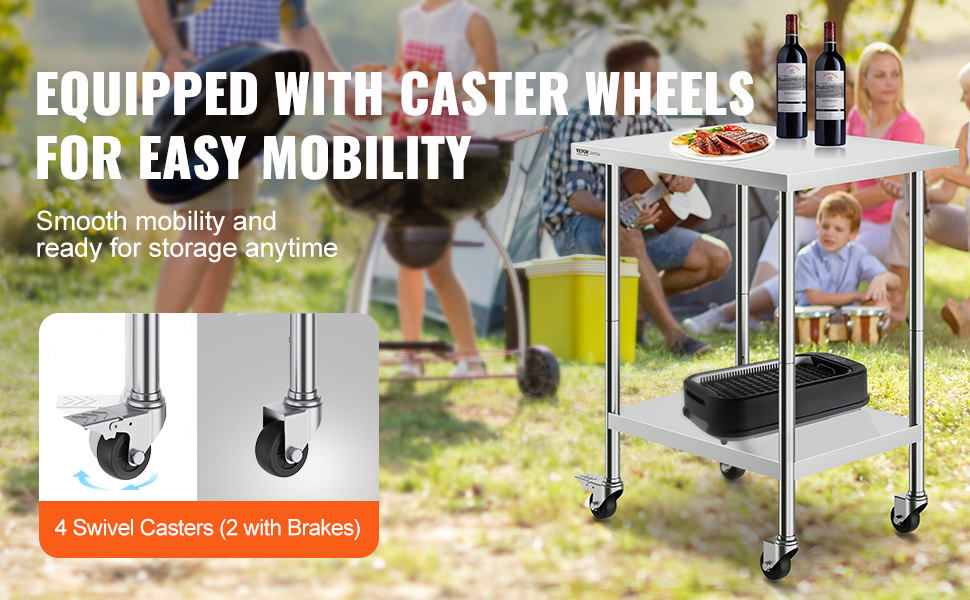 VEVOR stainless steel work table with caster wheels, featuring smooth mobility and convenient storage.