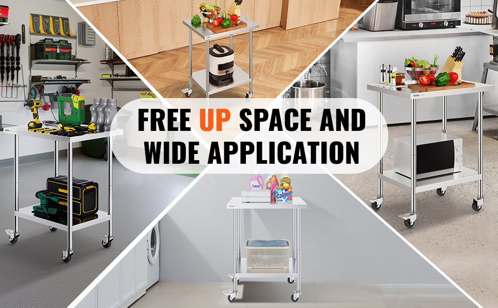 VEVOR stainless steel work table ideal for various uses, featuring organized tools and kitchen items.