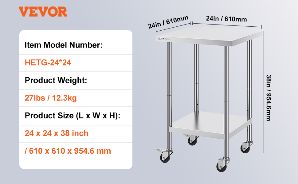 VEVOR stainless steel work table, hetg-24*24, 24x24x38 inches, 27lbs, with caster wheels for mobility.