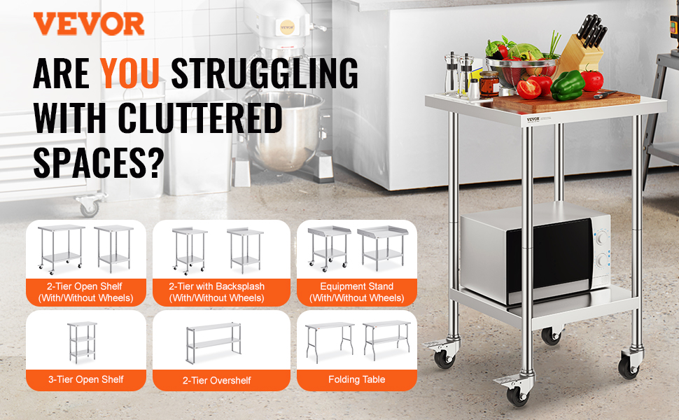 VEVOR stainless steel work table with options for shelves and wheels, ideal for decluttering spaces.