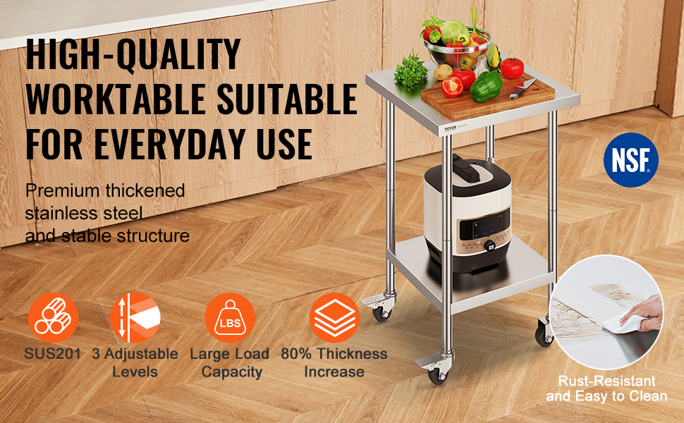 VEVOR stainless steel work table with 3 adjustable levels, large load capacity, and rust-resistant surface.