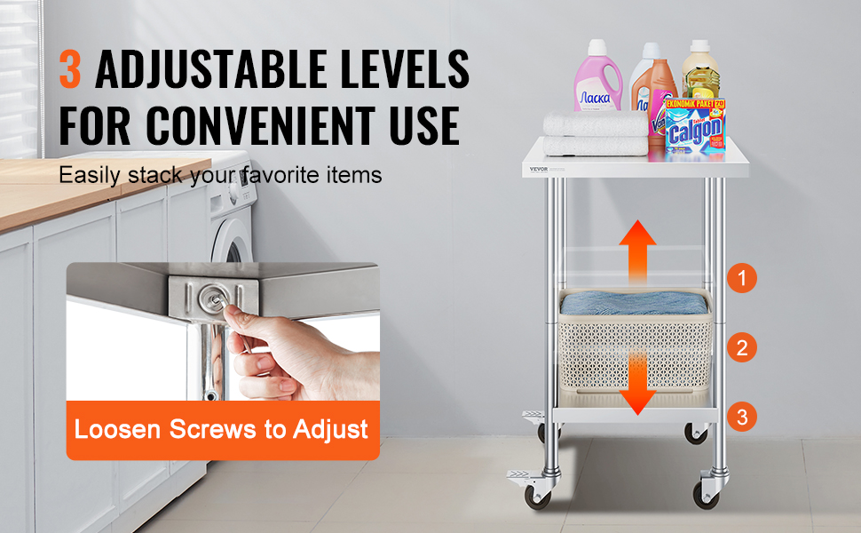 VEVOR stainless steel work table with 3 adjustable levels for convenient use in a laundry room setting.