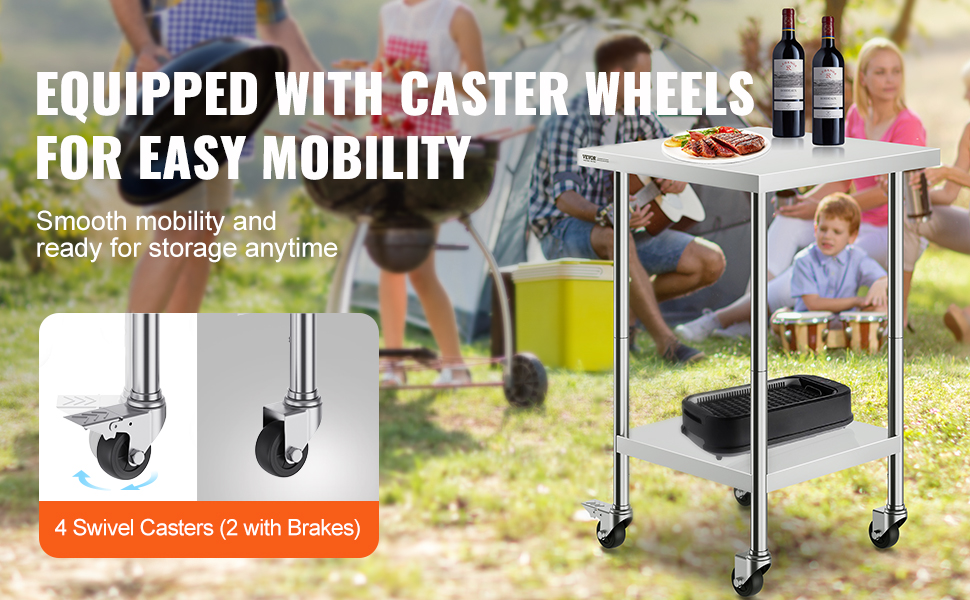 VEVOR stainless steel work table with caster wheels, ideal for outdoor cooking and storage.