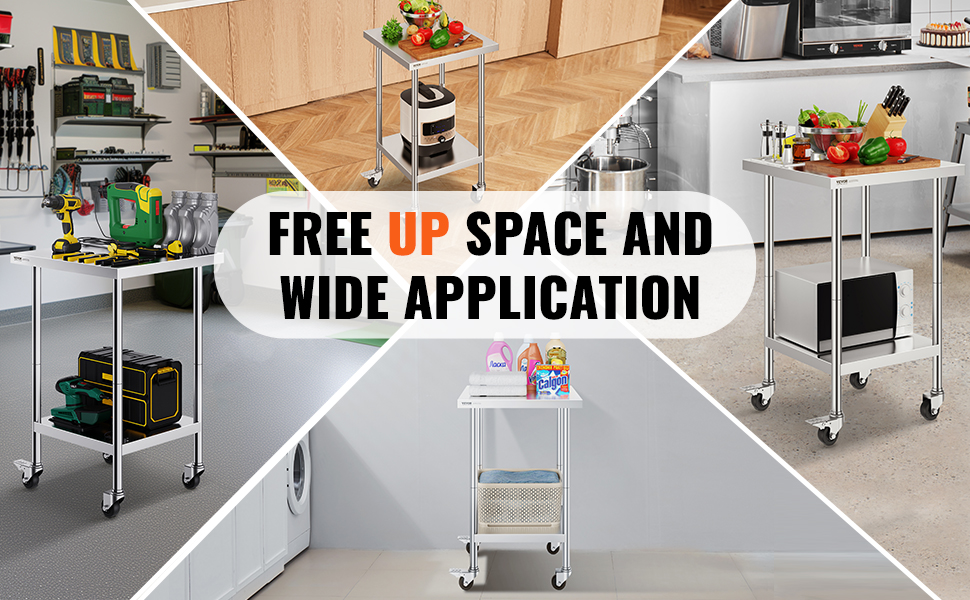 VEVOR stainless steel work table in various settings, promoting free space and wide application.