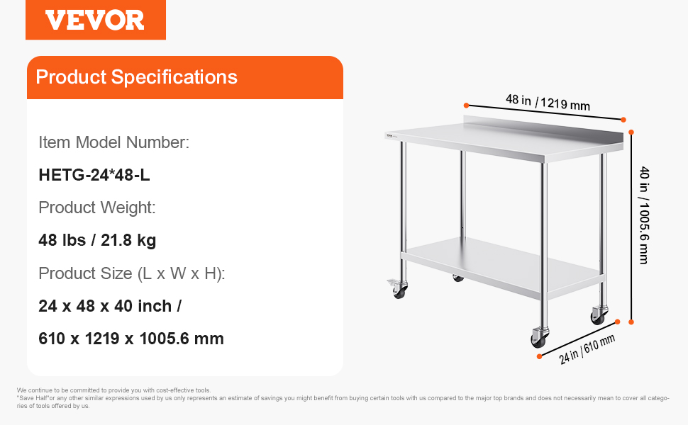 VEVOR nerūsējošā tērauda darba galds, 48 lbs, modelis hetg-24*48-l, izmēri 24x48x40 collas, ar riteņiem.